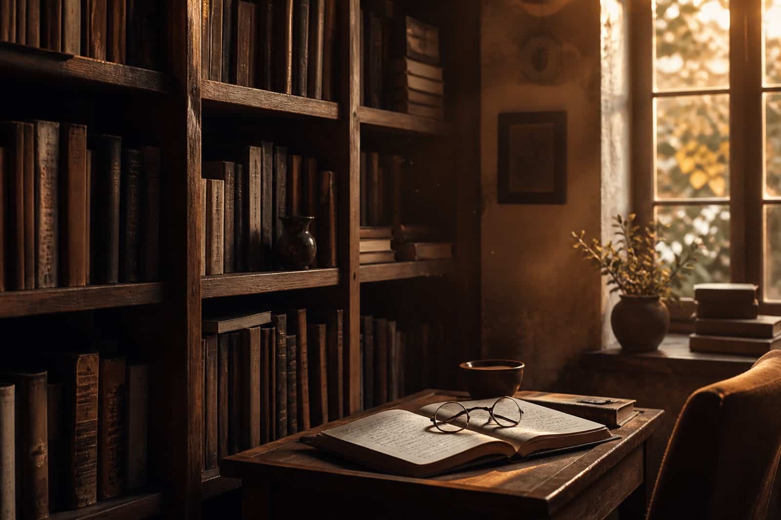 Sunlit library corner with an open journal