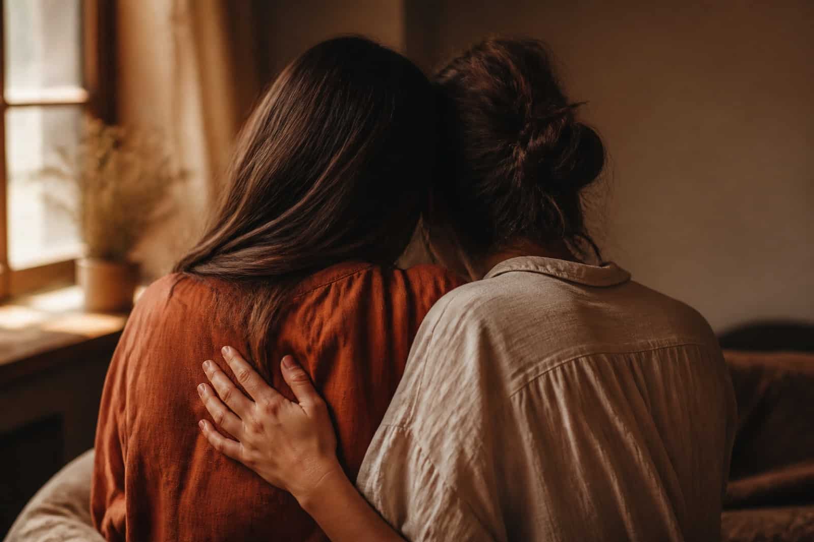 Two people embracing in warm window light