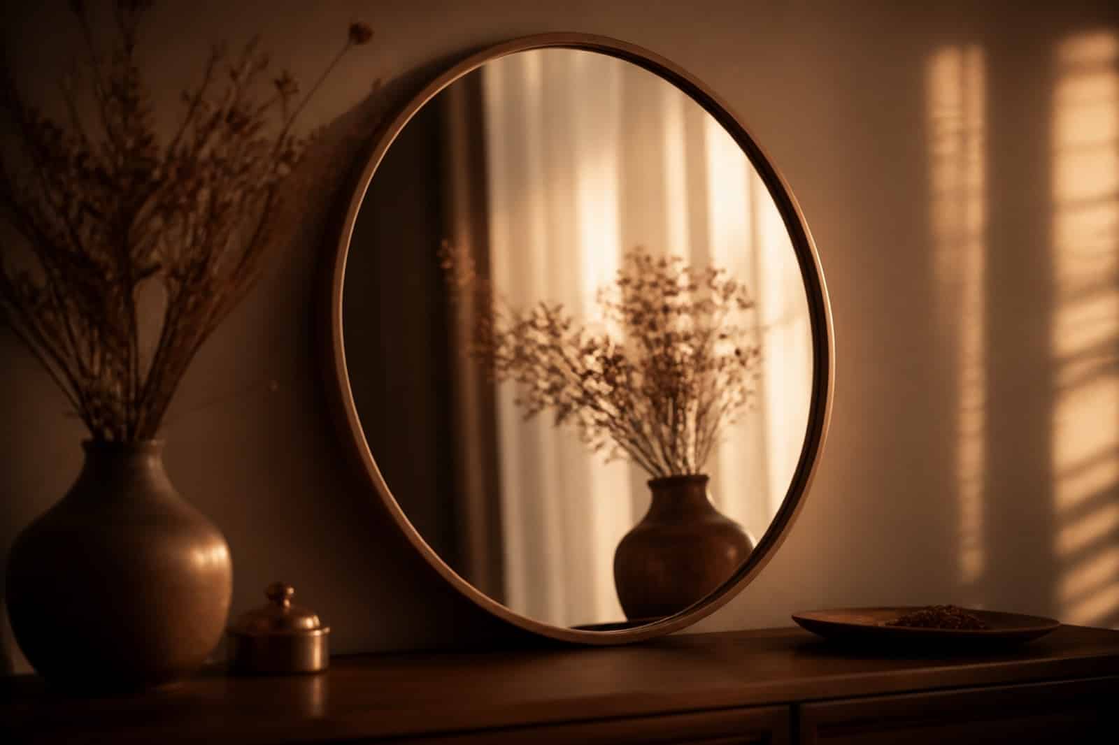 Round mirror reflecting warm morning light