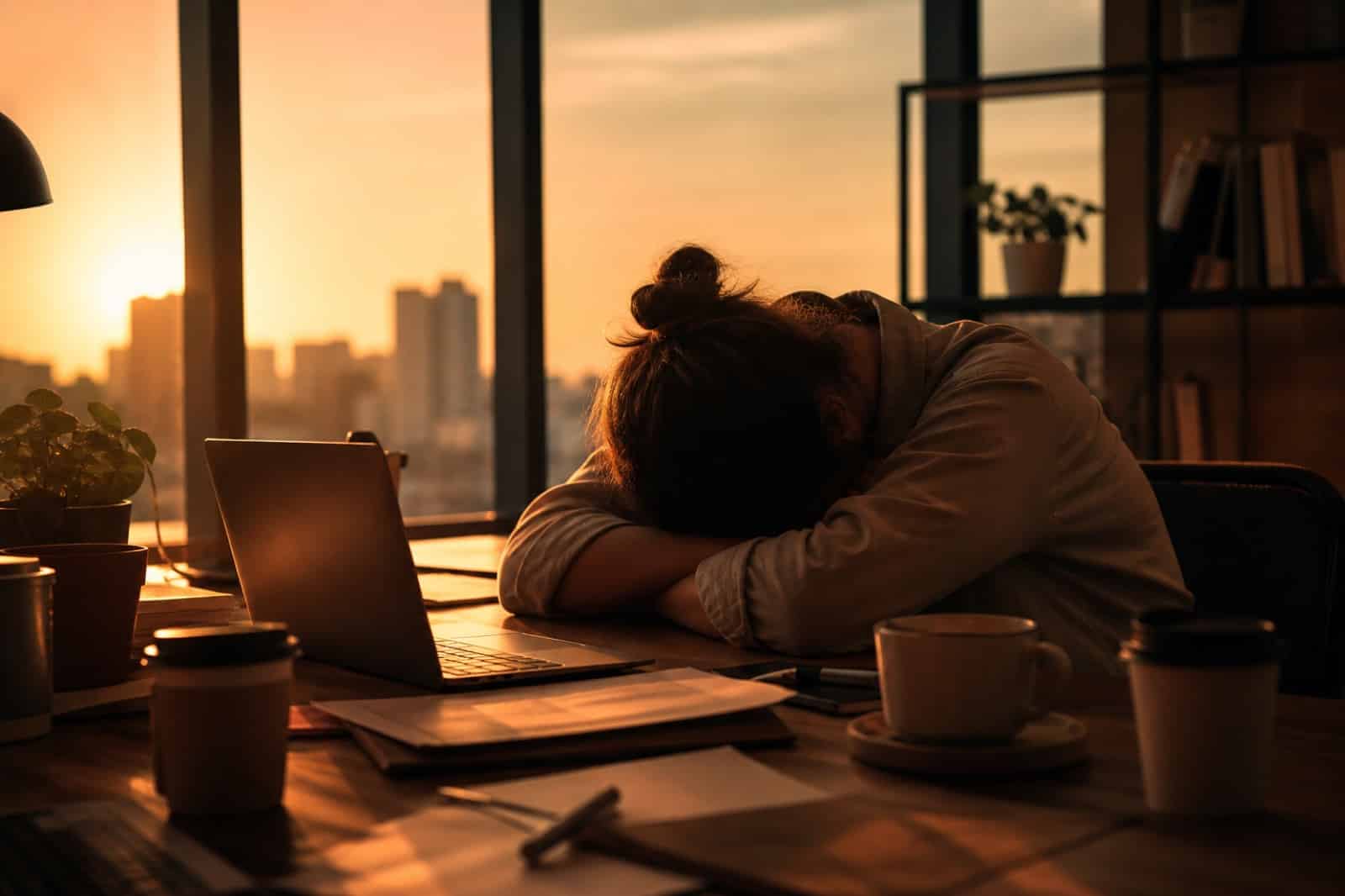 Exhausted person resting their head on an office desk