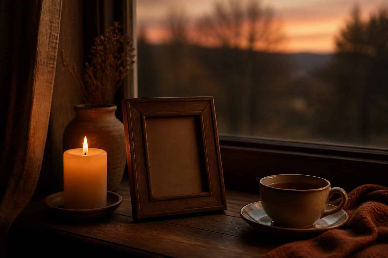 Lit candle beside an empty photo frame at dusk