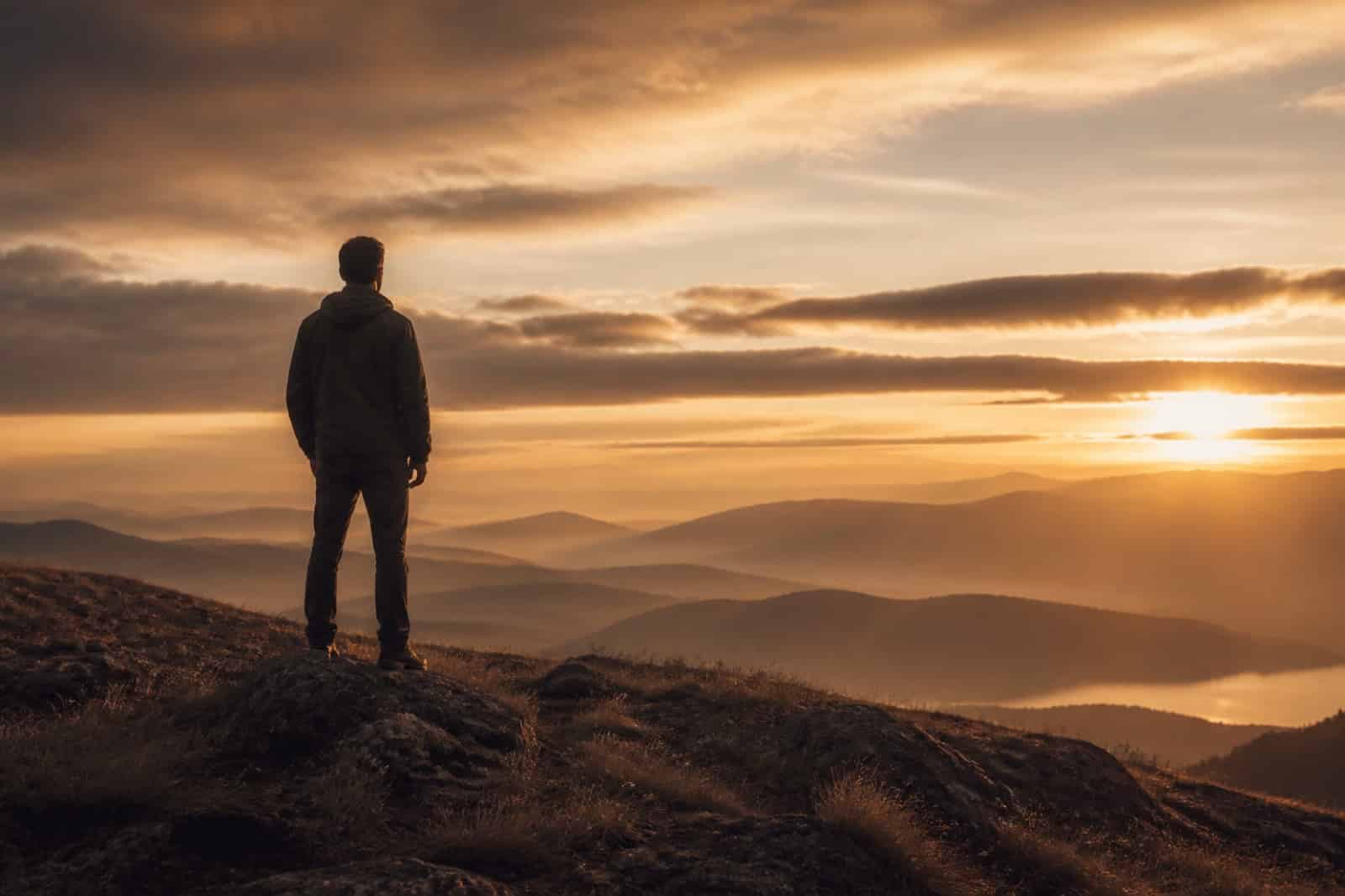 Person on a hilltop watching the sunrise