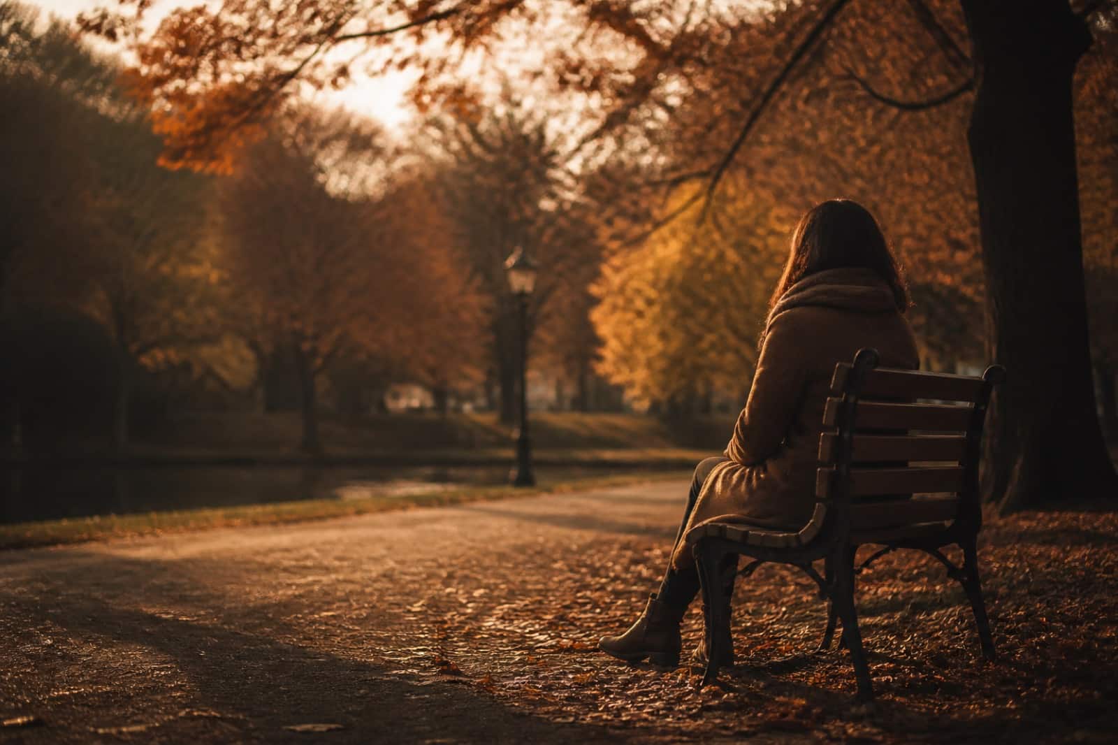 Person sitting alone on a park bench in autumn