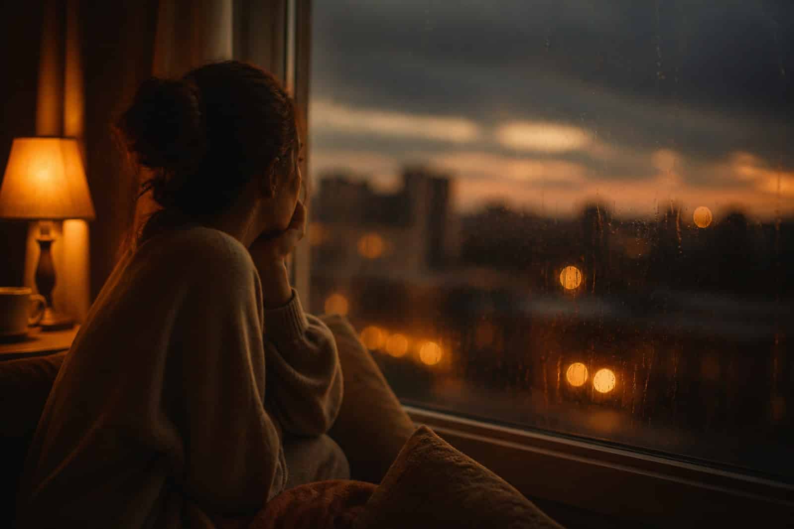 Person lost in thought by a rainy window at dusk