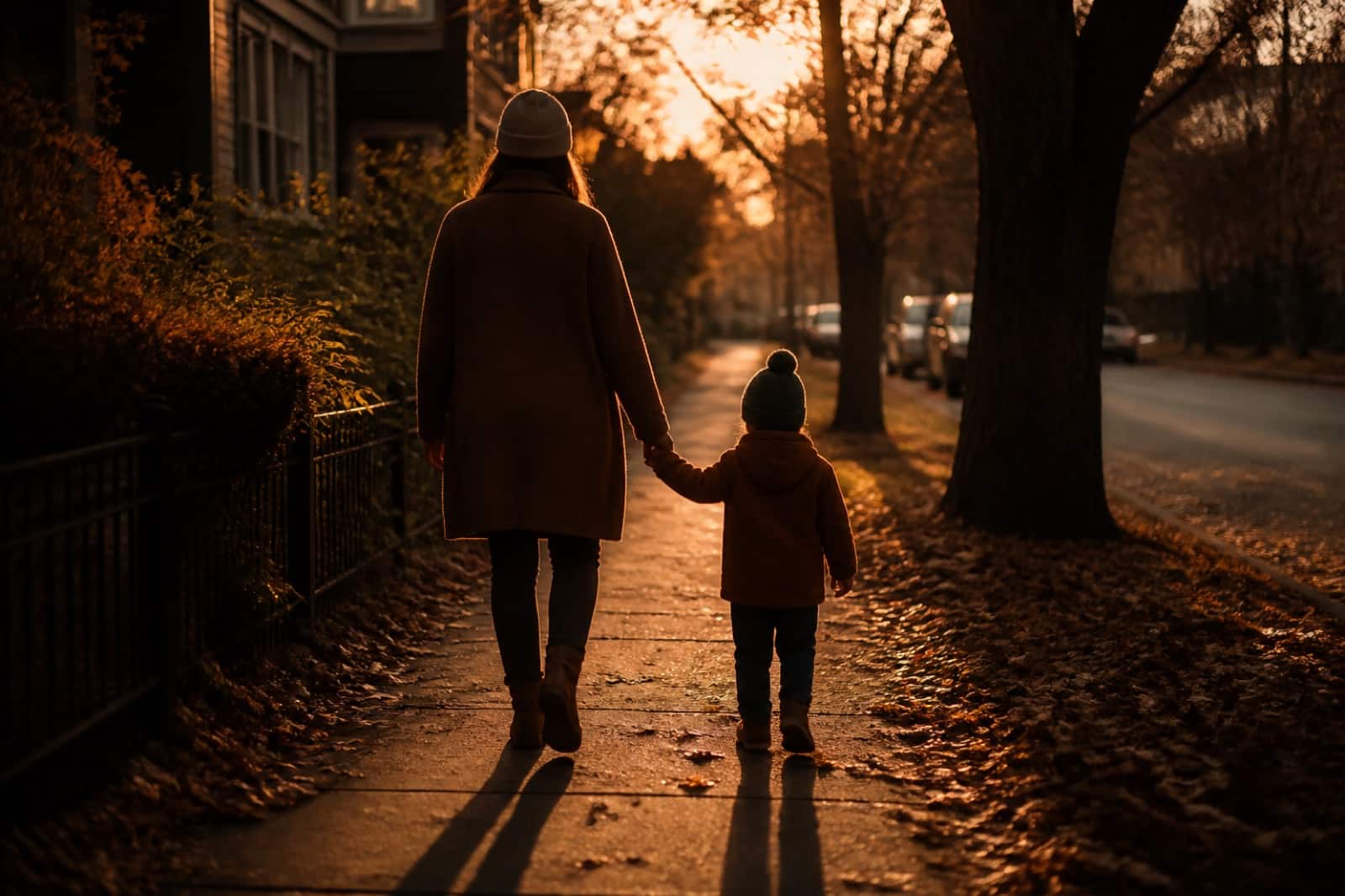 Parent and child walking hand in hand at sunset