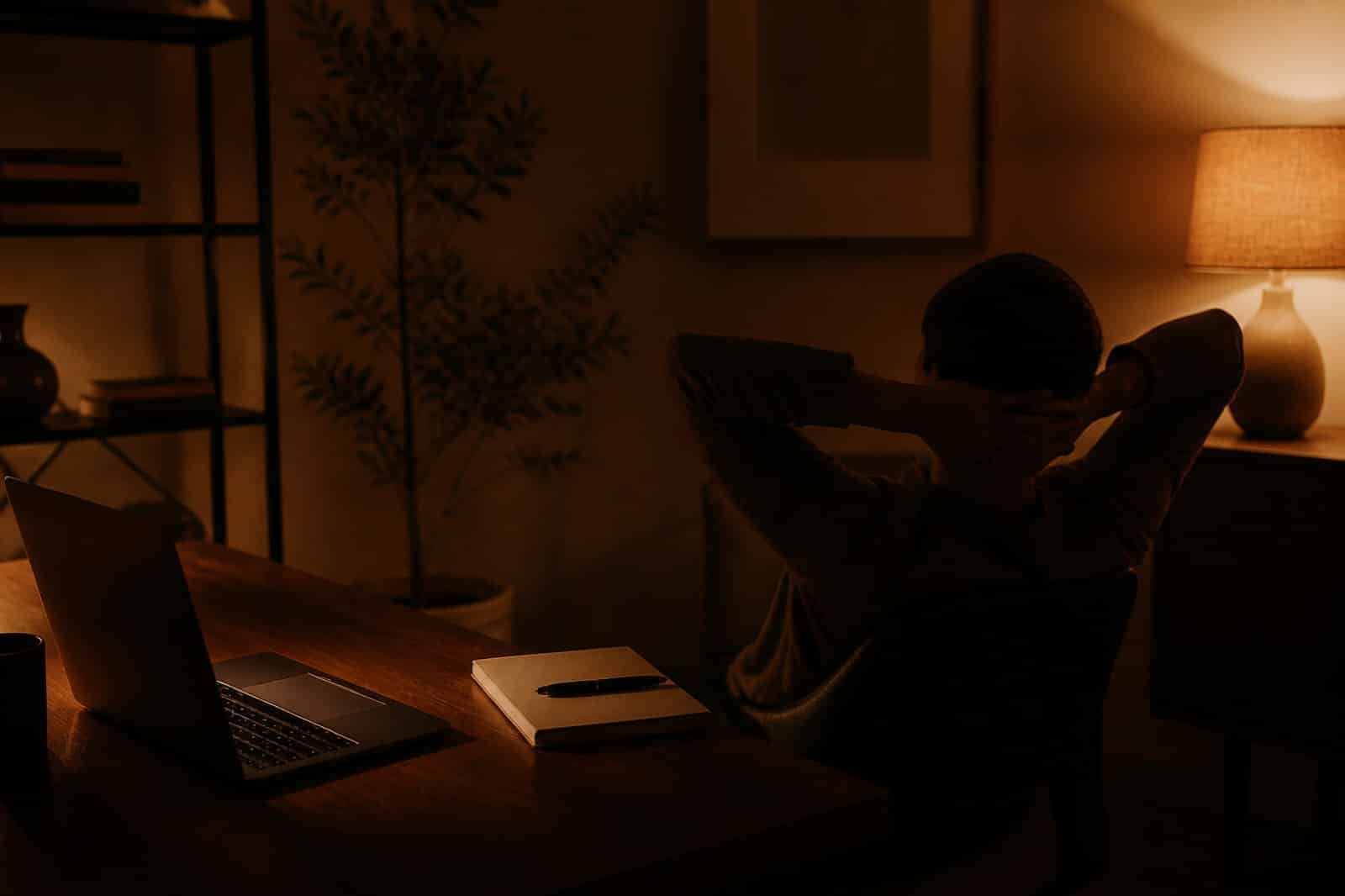 Person leaning back from a glowing laptop at night