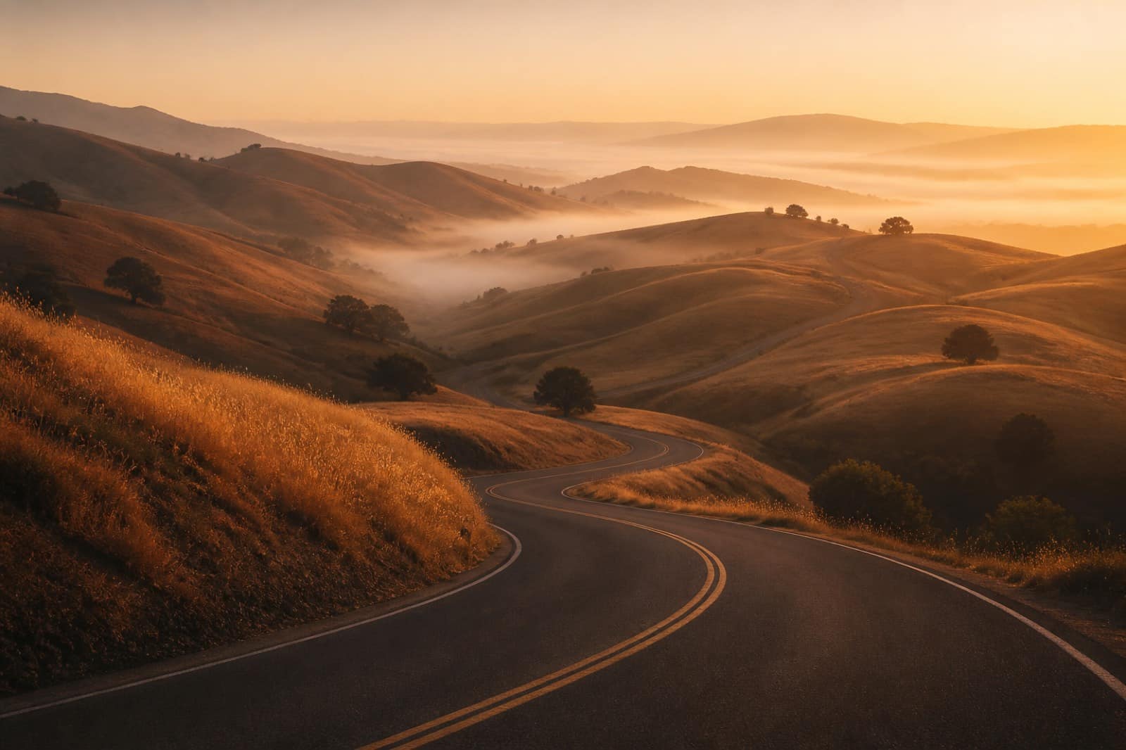 Winding road through golden hills at dawn