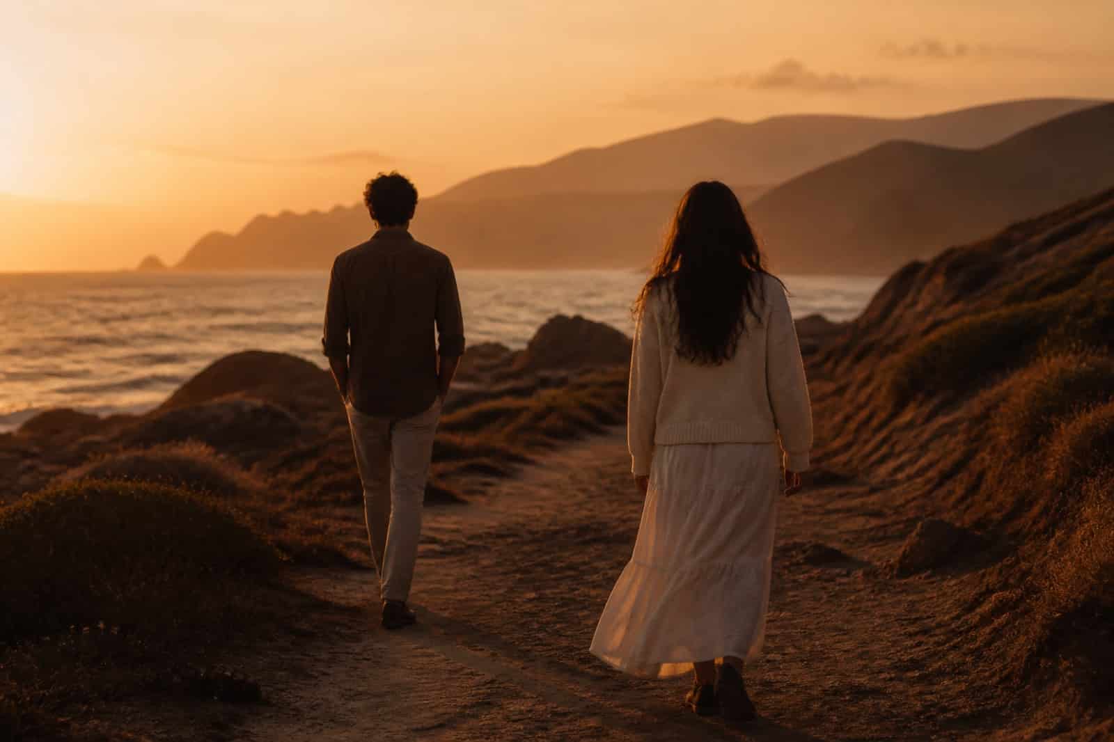 Couple walking a coastal path at golden hour