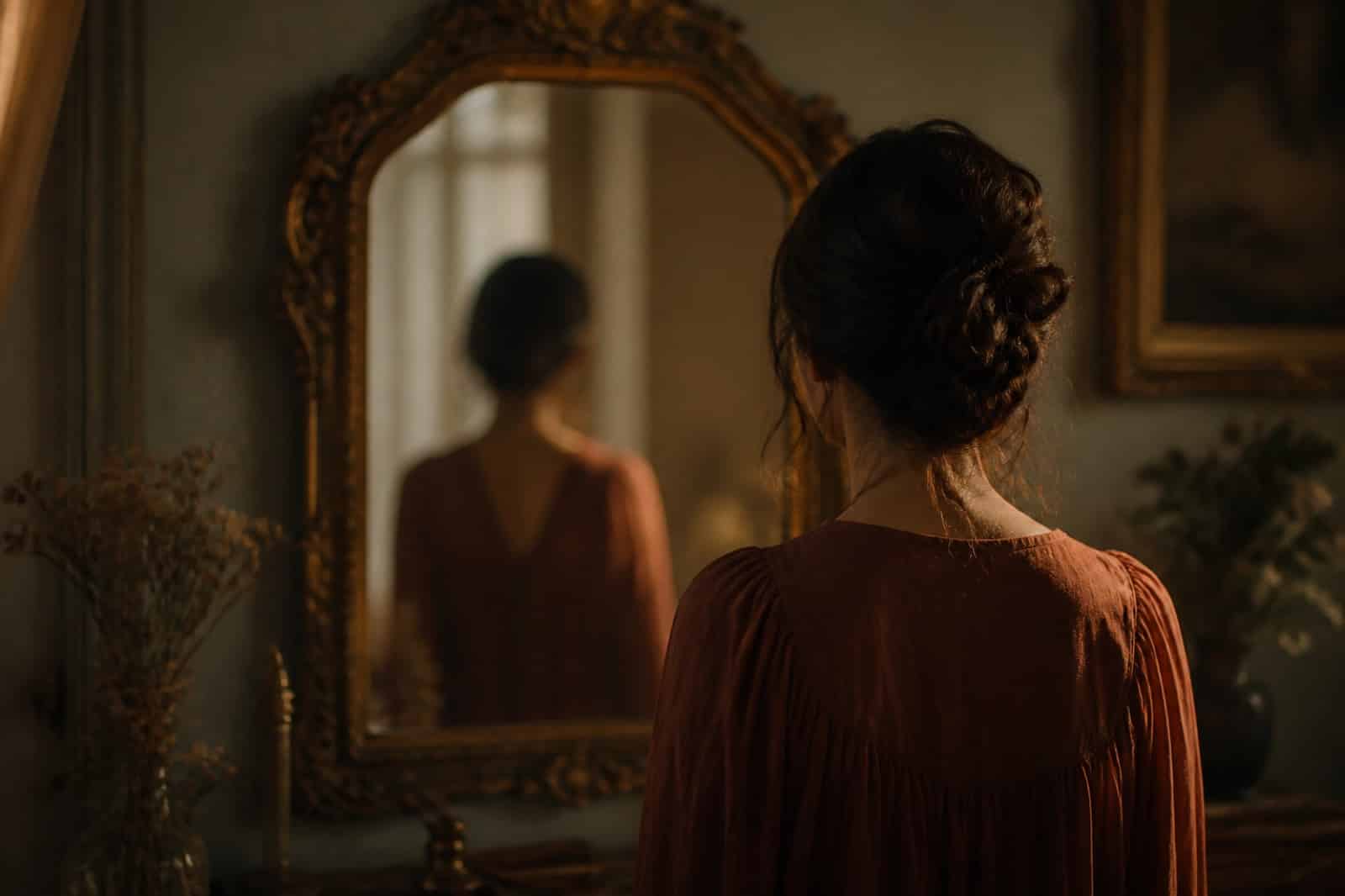 Person looking into a softly lit vintage mirror