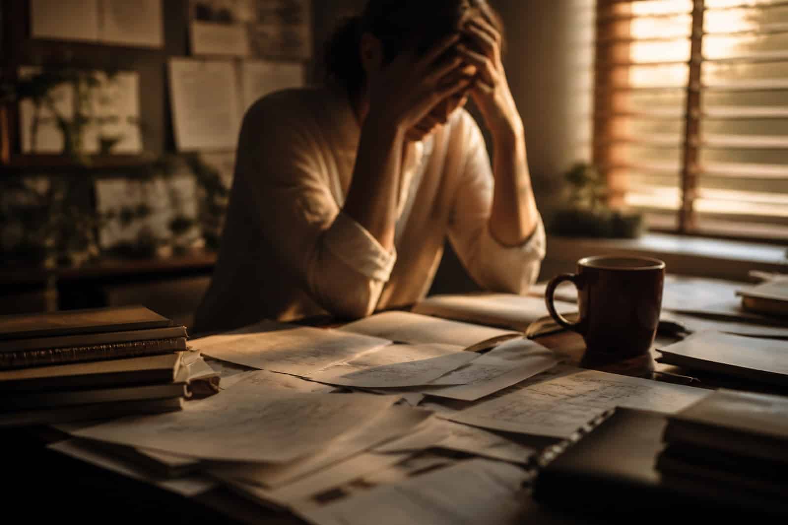Overwhelmed person at a desk covered in papers